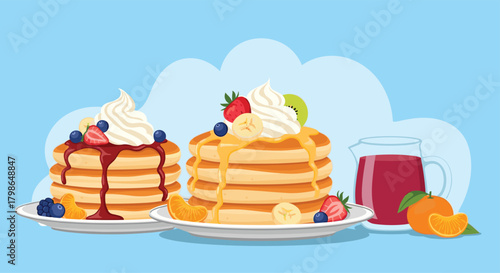 Delicious fluffy pancakes topped with fresh fruits and whipped cream served with juice.
