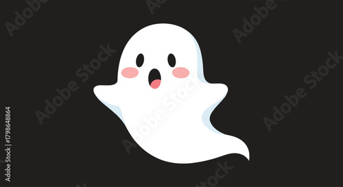 A cute little white ghost with rosy cheeks and a surprised expression floats in the darkness.