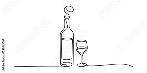 Continuous line drawing of wine bottle and glass art concept
