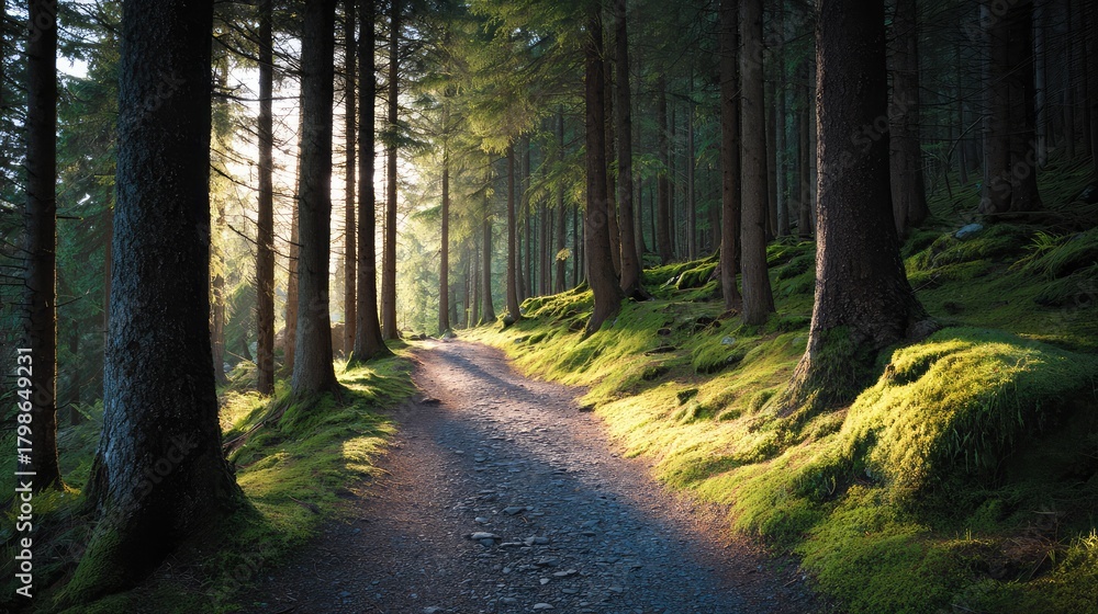 Fototapeta premium Serene Forest Pathway with Sunlight Filtering Through Tall Trees, Lush Greenery, and Tranquil Atmosphere in a Natural Woodland Setting for Adventurers and Nature Lovers
