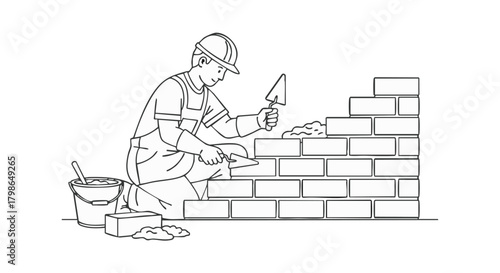A construction worker meticulously lays bricks, applying mortar with a trowel to build a solid wall, showcasing craftsmanship.
