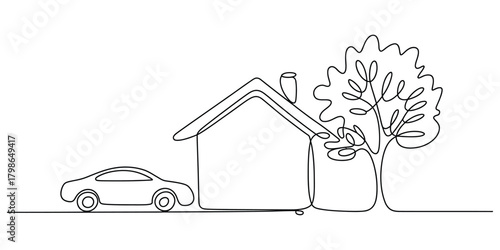 Continuous line drawing of a home, car, and tree illustration