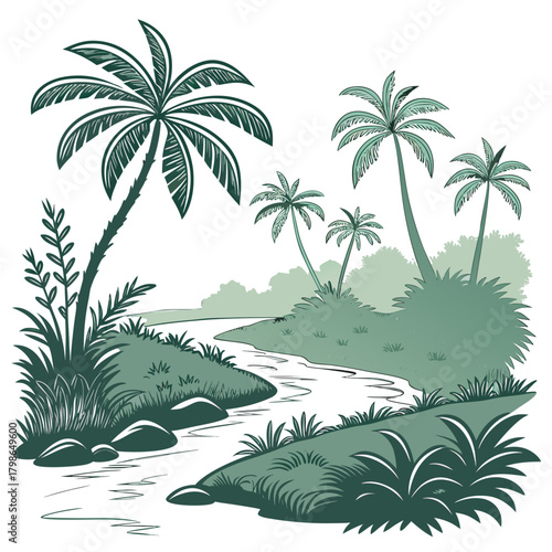 Tropical river landscape with palm trees and lush vegetation isolated on