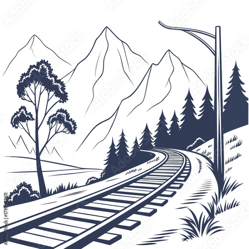 Railway track through mountain landscape with trees isolated on