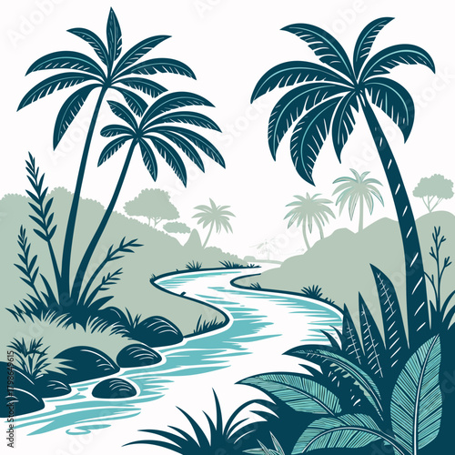 Tropical river landscape with palm trees and lush vegetation isolated on