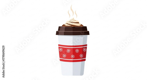 A delightful cup of hot chocolate with whipped cream isolated on, adorned with a festive snowflake sleeve, perfect for winter warmth