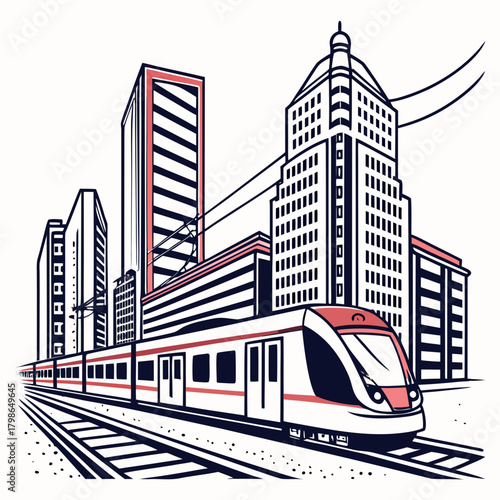 Modern train on the railway with city buildings isolated on