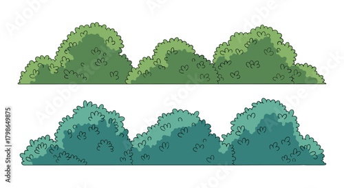 A detailed illustration of two rows of green bushes with a simple white background.