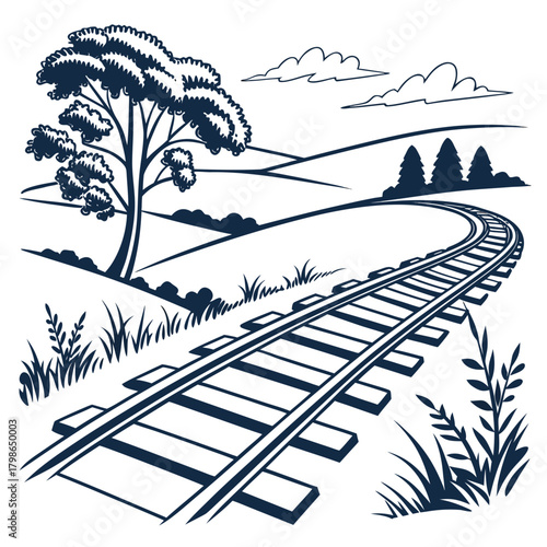 Railroad tracks curving through a scenic landscape isolated on