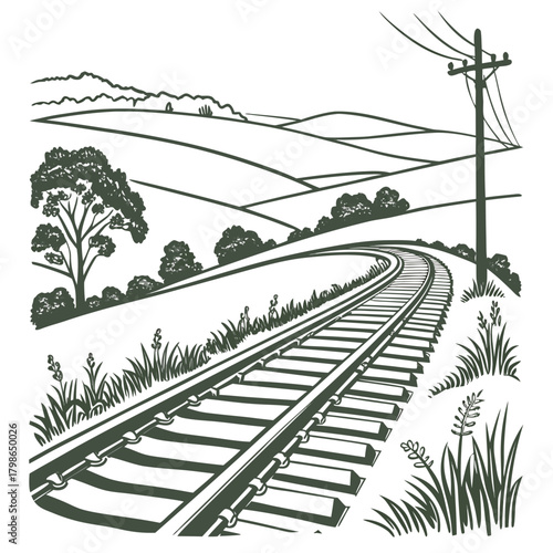 Scenic railway track curving through countryside isolated on
