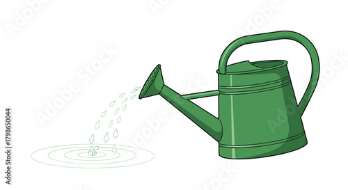 A green watering can pouring water for gardening purposes.