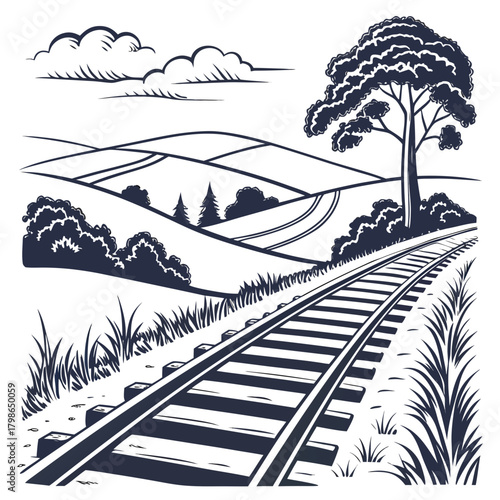 Railway track leading through a rural landscape isolated on