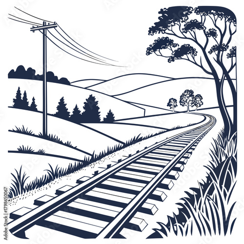 Railway track with power line leading through a rural landscape scenery