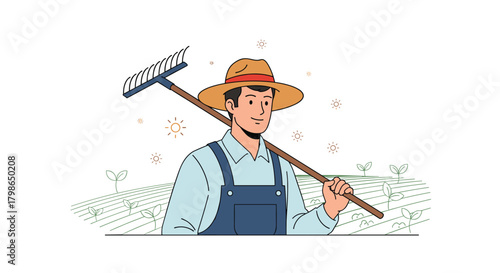 A farmer wearing a straw hat and overalls holds a rake over his shoulder while standing in a field.