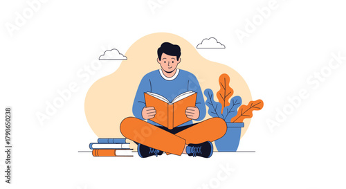 A young man enjoys a good book outdoors surrounded by nature and other books.