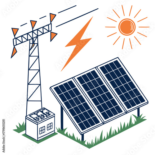 Solar panel and electric tower generating electricity isolated on