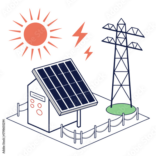 Solar panel installation with sun and power line isolated on