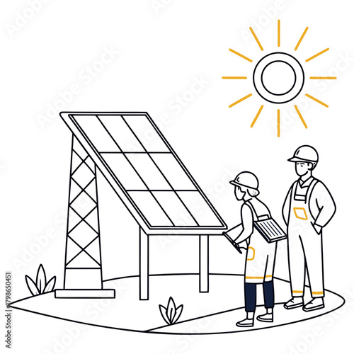 Solar panel maintenance with workers isolated on