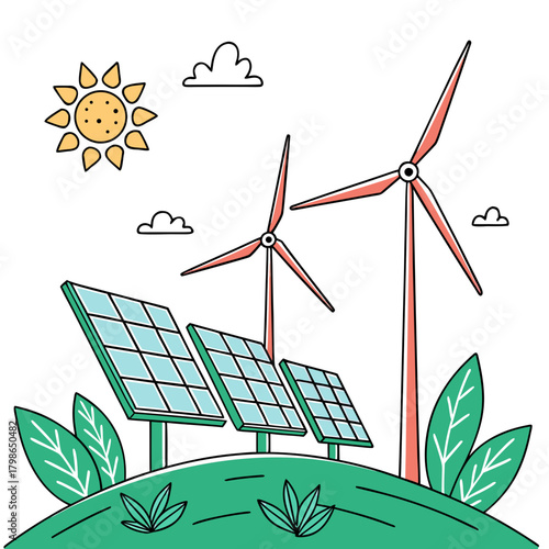 Illustration of solar panels and wind turbines isolated on
