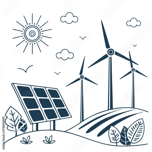 Illustration of solar panel and wind turbines isolated on