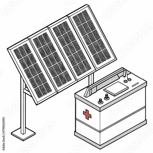 Isometric illustration of solar panel and battery isolated on