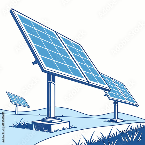 Illustration of solar panels in a field, generating clean and renewable energy