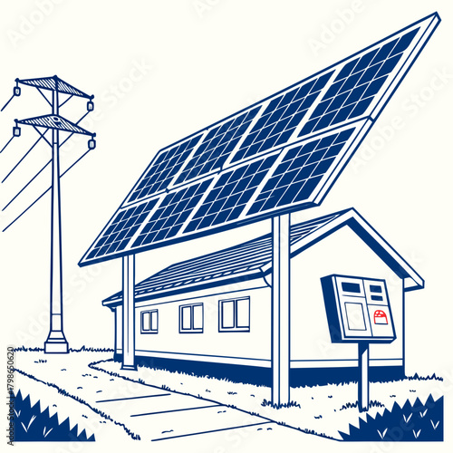 Illustration of a house with solar panels and a power line isolated on