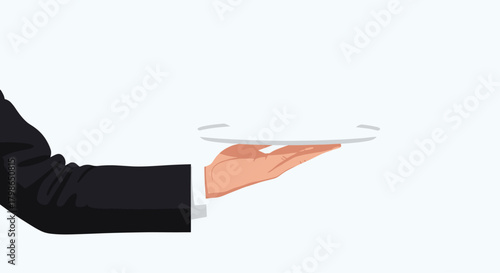 A waiter holding an empty circular tray with white background.