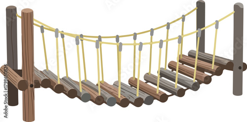 Vector Illustration of a Wobbly Wooden Log Rope Suspension Bridge for Playground