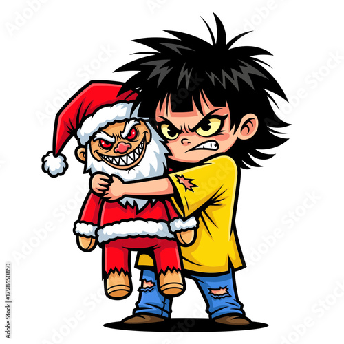 Fierce cartoon child with spiky hair clutching a menacing Christmas figure plush toy