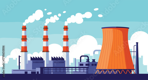 Industrial complex with smoking chimneys and a large cooling tower on a clear day.