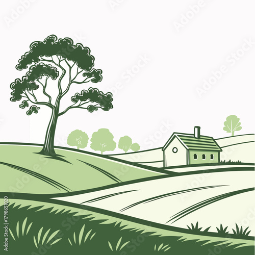 Rural landscape with house and tree isolated on