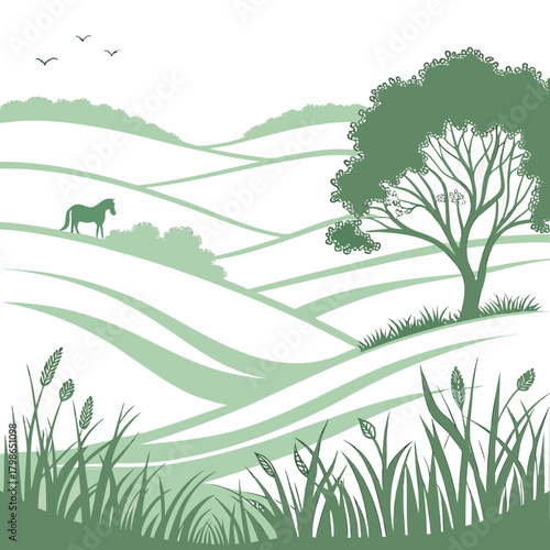 Idyllic rural landscape with horse, tree, and reeds isolated on