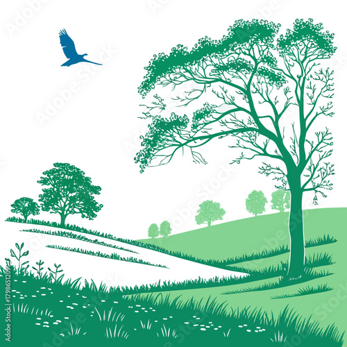 Green landscape with trees and bird isolated on