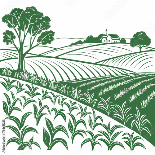 Green farm landscape with house isolated on