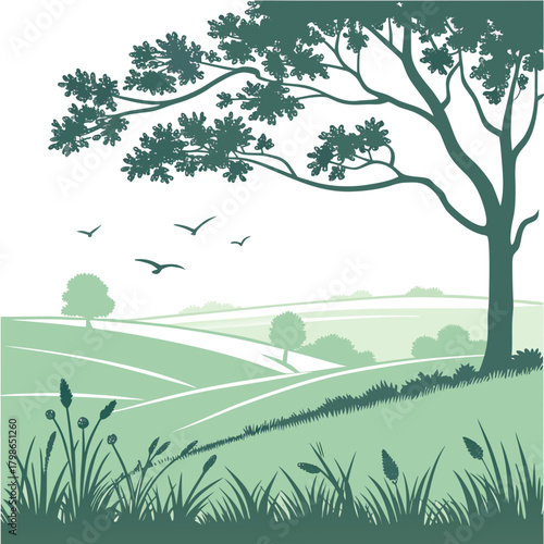 Peaceful rural landscape with tree, grass, and birds isolated on