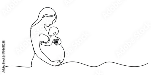 One line drawing of pregnant mother embracing her newborn baby