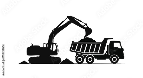 A black excavator loading a dump truck with soil, depicting construction work and heavy machinery operations on a white background.