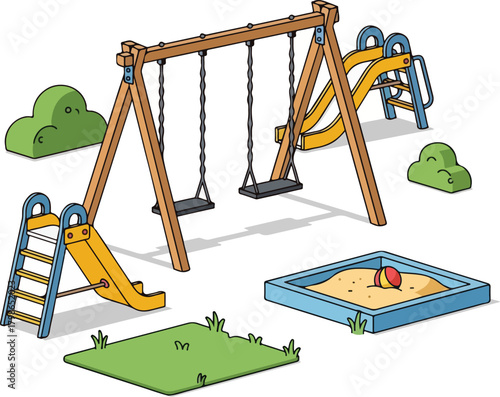Isolated Cartoon Playground Set with Swings Slides and Sandbox for Kids Recreation