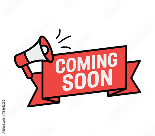 Red "Coming Soon" Announcement Banner with Megaphone: New Product, Event, and Future Launch Vector