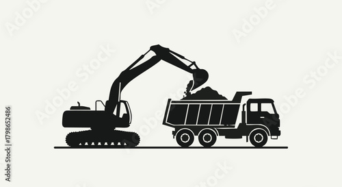 A silhouette illustration shows an excavator loading a dump truck with materials, symbolizing construction and earthmoving activities on a worksite.