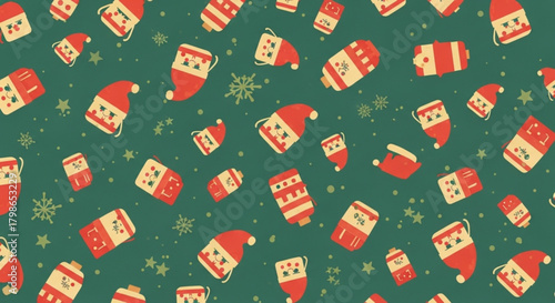 A charming christmas pattern showcasing santa hats, gift boxes, and snowflakes evokes a cozy and festive atmosphere, ideal for seasonal designs