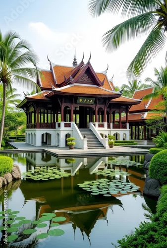 Serene tropical garden with traditional Thai pavilion reflected in tranquil pond water landscape