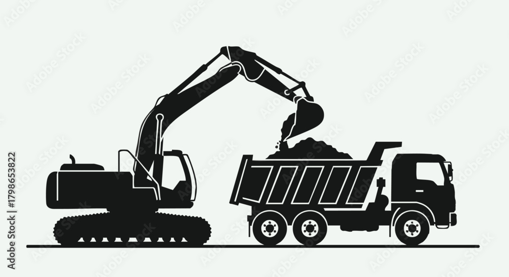 Naklejka premium A silhouette illustration depicts an excavator loading a dump truck with soil, emphasizing construction and heavy machinery operations on a light background.