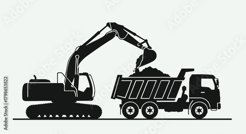 A silhouette illustration depicts an excavator loading a dump truck with soil, emphasizing construction and heavy machinery operations on a light background.