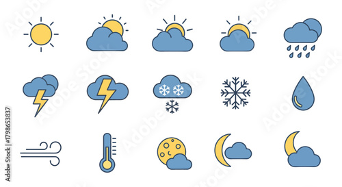 Weather symbols depicting sun, clouds, rain, snow, and wind represent various meteorological conditions in a simple and clean style.