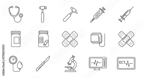 Collection of medical equipment and supplies depicted as line art on white backdrop, symbolizing healthcare, diagnosis, and treatment in a clean, minimalist style.