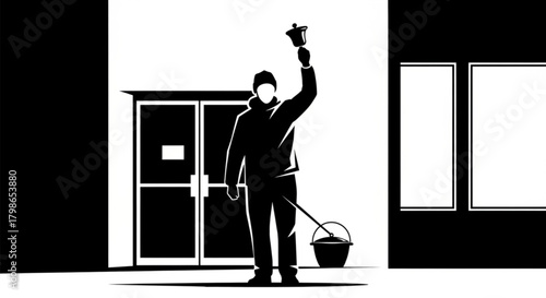 Monochrome illustration of a charity bell ringer collecting donations.