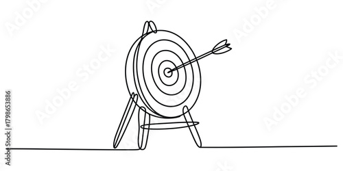 Continuous line art target and arrow hitting bullseye exactly