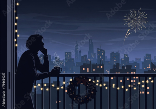 Silhouette of a pensive person standing alone on a balcony at night.